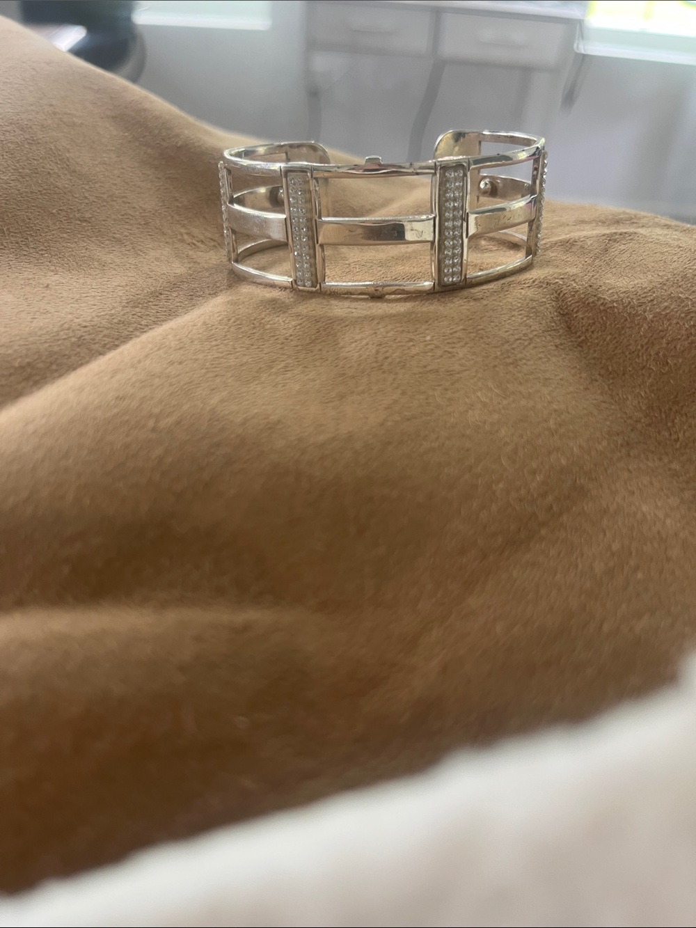 Brighton Silver-Tone 3 leather strips. Cuff Bracelet with Crystal Strips